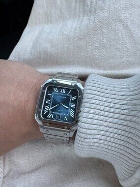 Cartier Santos Automatic Watch In Stainless Steel With Blue Dial